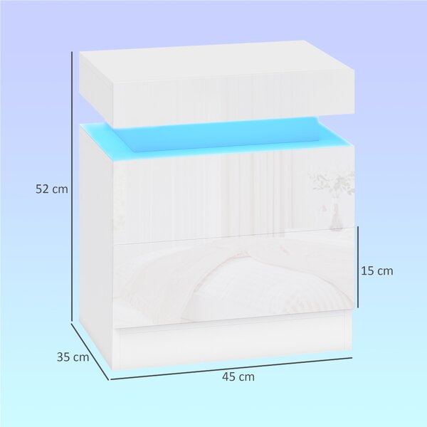 HOMCOM Set 2 Noptiere LED cu 4 Moduri, 2 Sertare, PAL, 45x35x52 cm, Alb Lucios | Aosom Romania