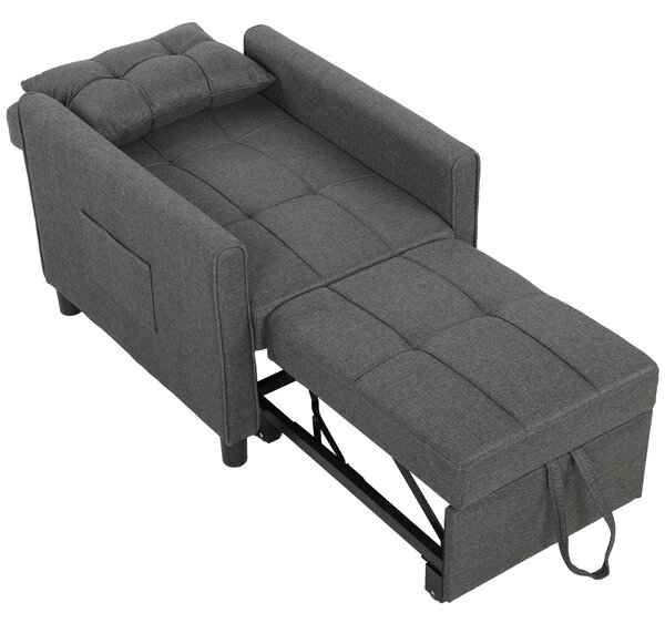 HOMCOM Fotoliu Pat Single 3 în 1 din Material Textil Tip In și Lemn cu Spătar Reclinabil, Pernă, Buzunare, Gri | Aosom Romania