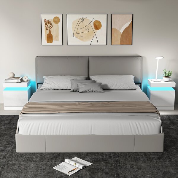 HOMCOM Set 2 Noptiere LED cu 4 Moduri, 2 Sertare, PAL, 45x35x52 cm, Alb Lucios | Aosom Romania