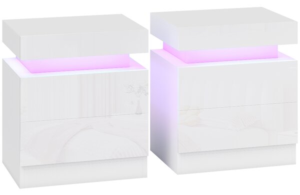HOMCOM Set 2 Noptiere LED cu 4 Moduri, 2 Sertare, PAL, 45x35x52 cm, Alb Lucios | Aosom Romania