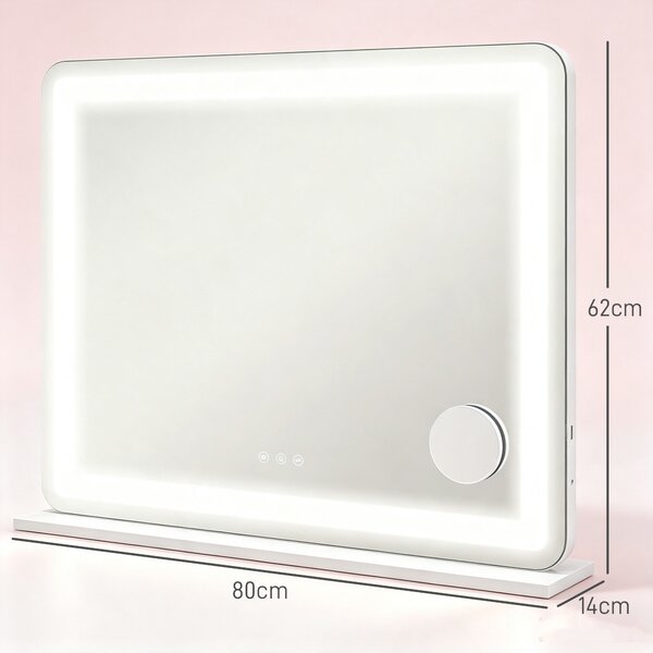 HOMCOM Oglindă de Machiaj cu Lumini LED în 3 Culori, Oglindă de Perete și Masă cu USB, 80x62x14 cm, Alb | Aosom Romania