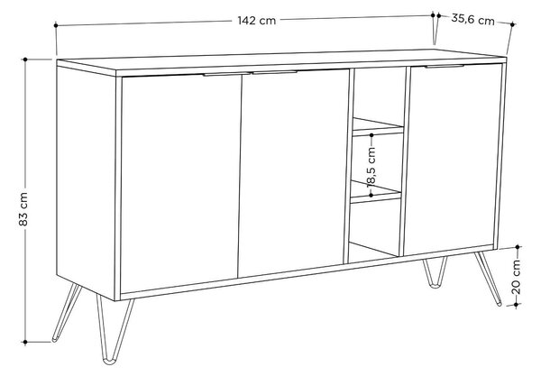 Comoda CLARA, stejar/gri antracit, PAL melaminat/metal, 142x36x83 cm