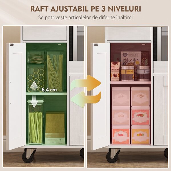 HOMCOM Dulap pentru cuptorul cu microunde din lemn, cu sertar, 2 dulapuri, raft deschis și blat ajustabil, 80x40x88.7 cm, alb | Aosom Romania