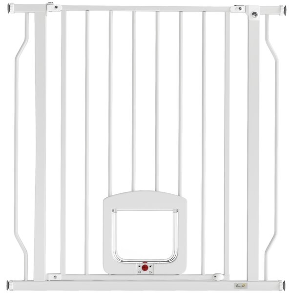 PawHut Poartă pentru Câini și Pisici Extensibilă cu Ușă Integrată, Poartă din Oțel și ABS, 75-85x2x76 cm, Alb | Aosom Romania