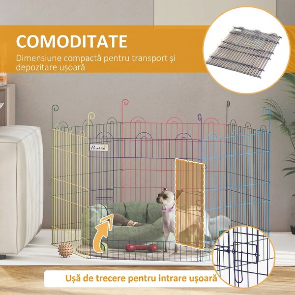 Gard pentru Caini cu 6 Panouri cu Inchidere cu Zavor, Gard pentru Caini Talie Medie din Metal, Ø120x60 cm, Multicolor PawHut | Aosom Romania