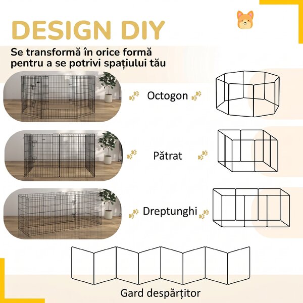 PawHut Padoc Portabil pentru Câini, Pisici și Căței, Structură din Sârmă Metalică, 8 Module, 76x61 cm, Negru | Aosom Romania