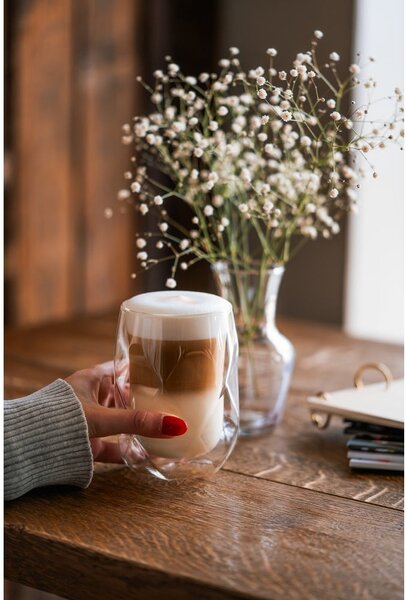 Set 2 pahare de latte cu perete dublu Vialli Design Geo, 350 ml