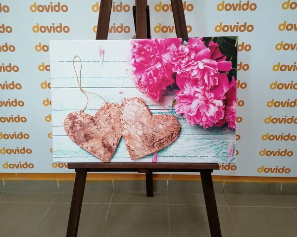 Tablou bujori și inimioare din mesteacăn