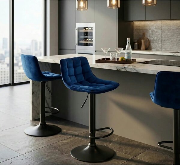 Scaun bar H95, albastru/negru, stofa catifelata/otel, 43x44x84/106 cm