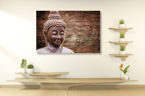 Tablou statuie Budha pe fundalul din lemn