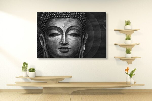 Tablou fața lui Buddha în design alb-negru