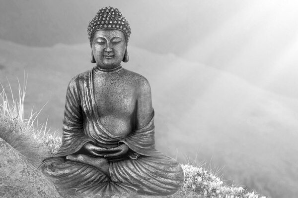 Tablou statuia Buddha într-o poziție de meditație în design alb-negru