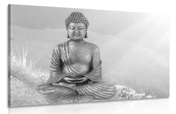 Tablou statuia Buddha într-o poziție de meditație în design alb-negru
