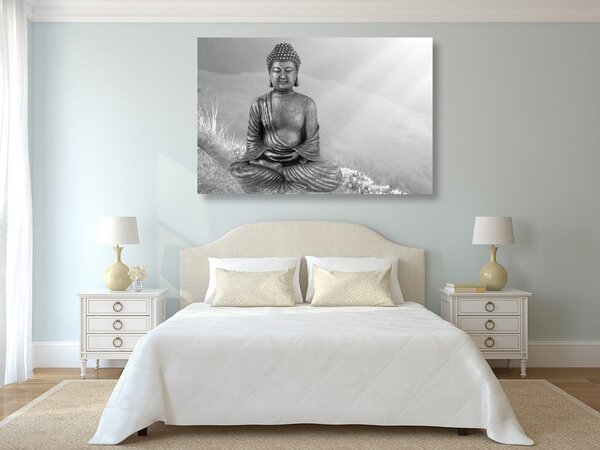 Tablou statuia Buddha într-o poziție de meditație în design alb-negru