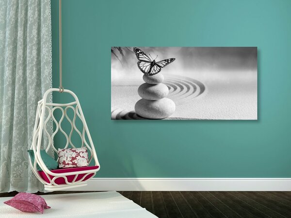 Tablou echilibrul pietrelor și fluture în design alb-negru
