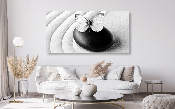 Tablou Zen piatră cu fluture în design alb-negru