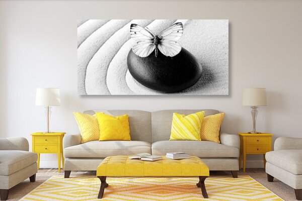 Tablou Zen piatră cu fluture în design alb-negru