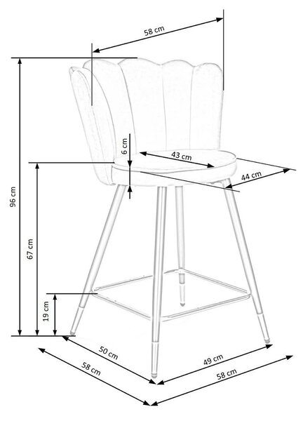 Scaun bar H106, verde/negru, stofa catifelata/otel, 58x58x96 cm