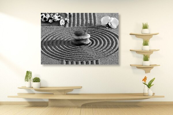 Tablou grădina japoneză cu elemente Feng Shui în design alb-negru