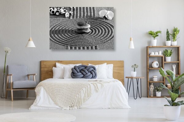 Tablou grădina japoneză cu elemente Feng Shui în design alb-negru