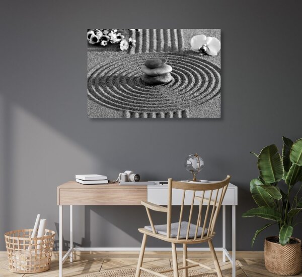 Tablou grădina japoneză cu elemente Feng Shui în design alb-negru