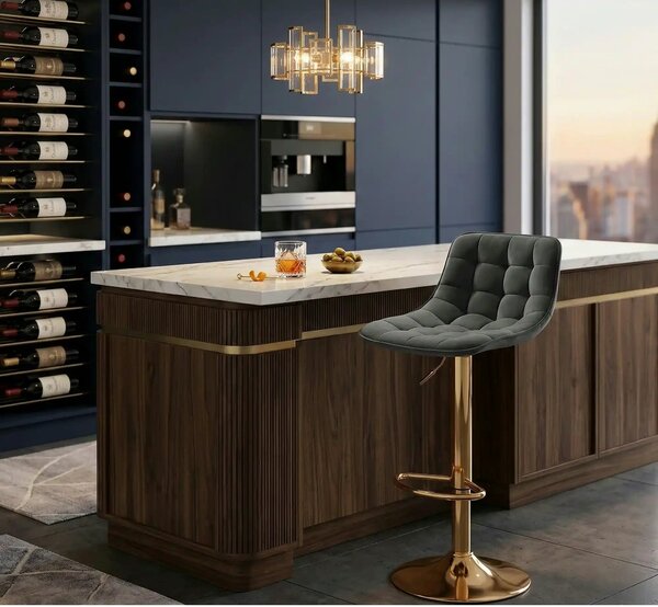 Scaun bar H120, gri/auriu, stofa catifelata/metal, 43x44x84/106 cm