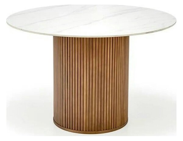 Masa BRUNO, alb cu efect de marmura/nuc, 120x120x76 cm