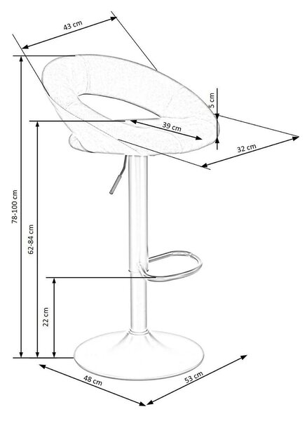 Scaun bar H102, negru, stofa catifelata/otel, 53x48x78/100 cm