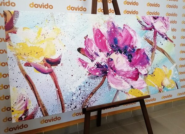 Tablou pictura florilor galbene și violete