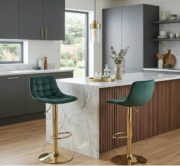 Scaun de bar auriu/verde H120, stofa catifelata/otel, 43x44x84/106 cm