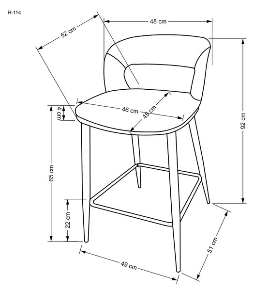 Scaun de bar bej H114, stofa clasica/otel, 48x52x92 cm