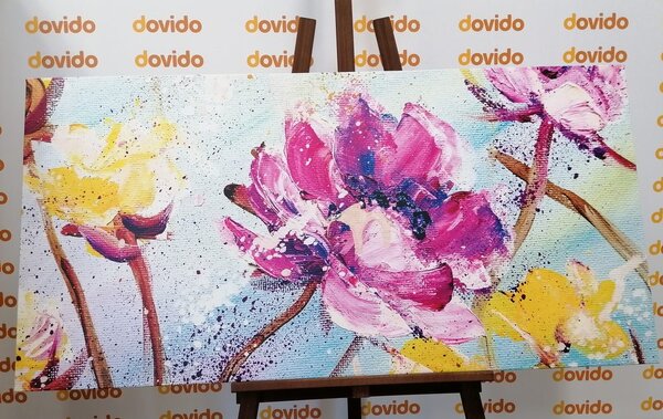 Tablou pictura florilor galbene și violete