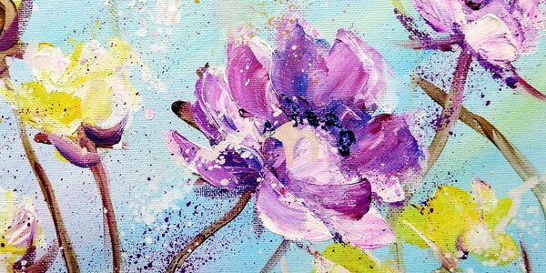 Tablou pictura florilor galbene și violete