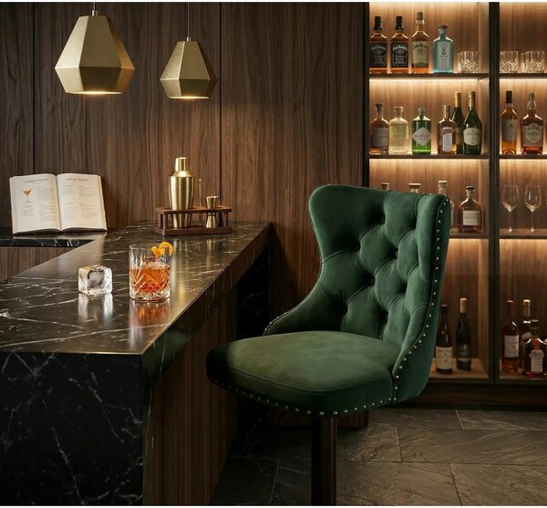 Scaun bar H117, verde/negru, stofa catifelata/otel, 47x52x96/118 cm