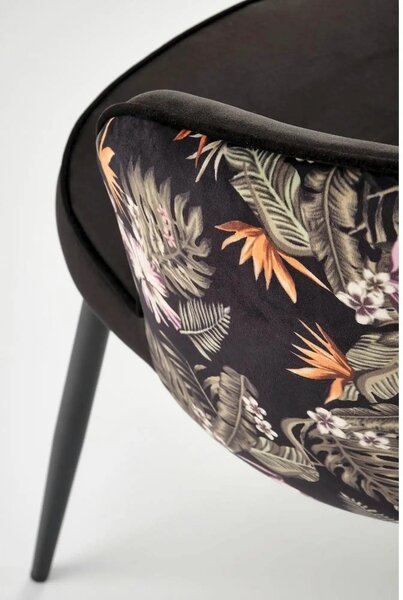 Scaun tapitat K506, negru, cu imprimeu floral, stofa catifelata, 55x60
