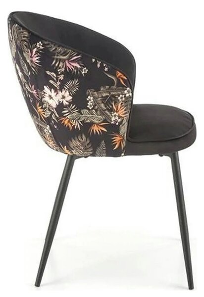 Scaun tapitat K506, negru, cu imprimeu floral, stofa catifelata, 55x60