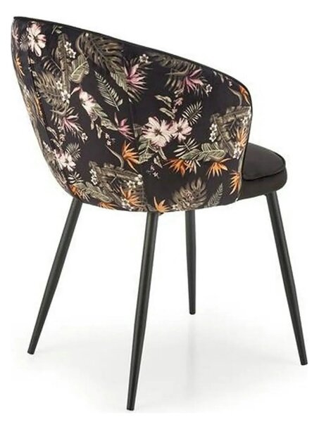 Scaun tapitat K506, negru, cu imprimeu floral, stofa catifelata, 55x60