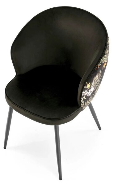 Scaun tapitat K506, negru, cu imprimeu floral, stofa catifelata, 55x60