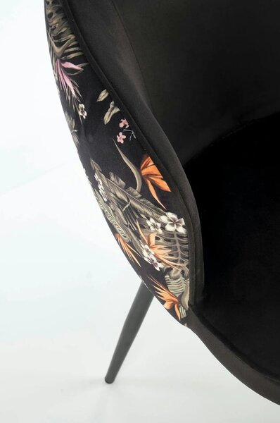 Scaun tapitat K506, negru, cu imprimeu floral, stofa catifelata, 55x60