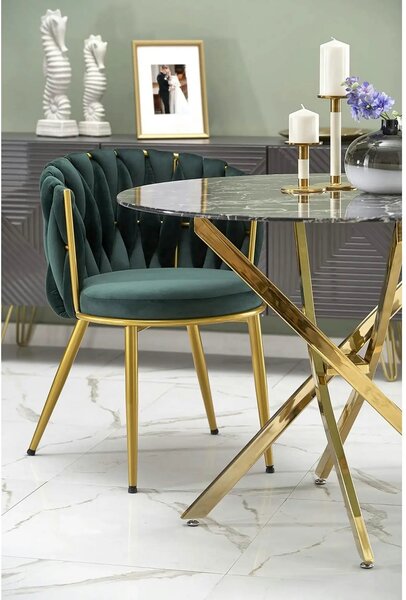 Scaun de dining K517, verde inchis/auriu, stofa catifelata/metal, 57x6