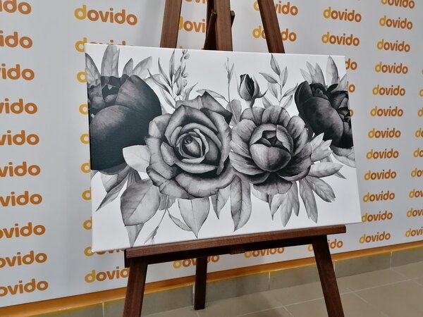Tablou combinație fermecătoare de flori și frunze în design alb-negru