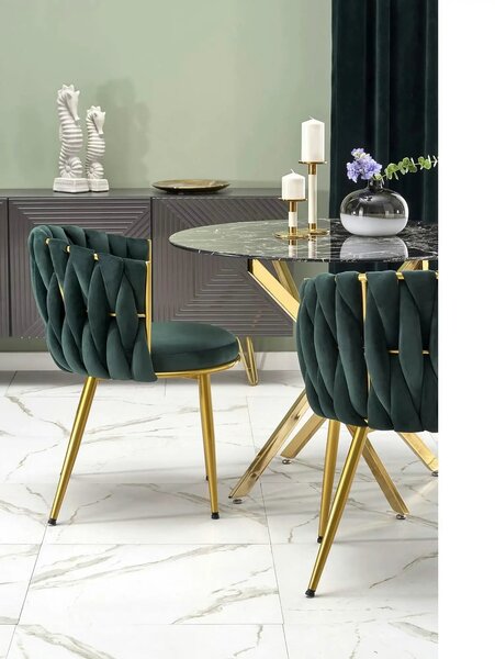 Scaun de dining K517, verde inchis/auriu, stofa catifelata/metal, 57x6