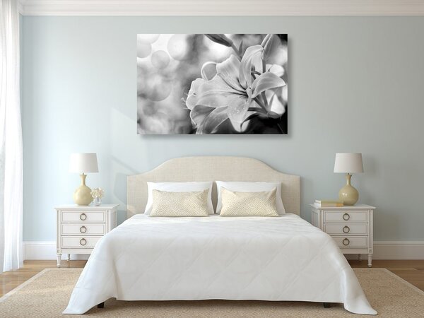 Tablou flori de crin pe fundalul abstract în design alb-negru