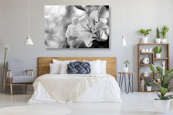 Tablou flori de crin pe fundalul abstract în design alb-negru
