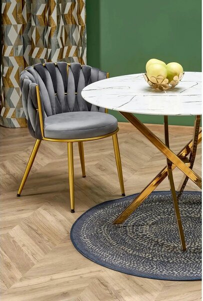Masa bucatarie dimensiuni mici RAYMOND 2, alb/auriu, sticla/otel, 100x