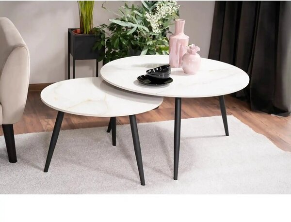 Set 2 masute cafea KORA D, alb cu efect de marmura/negru, ceramica/met