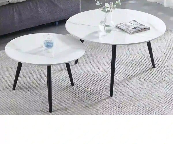 Set 2 masute cafea KORA D, alb cu efect de marmura/negru, ceramica/met