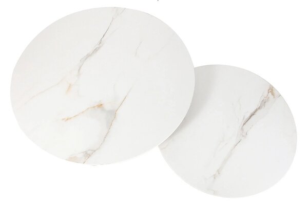 Set 2 masute cafea KORA D, alb cu efect de marmura/negru, ceramica/met