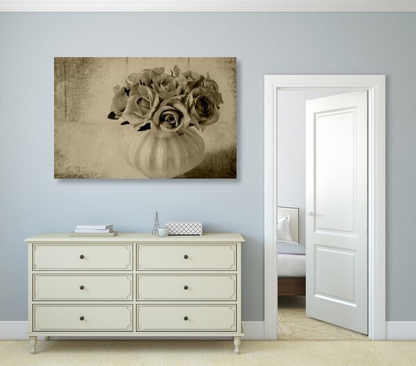 Tablou trandafiri în vază în design sepia