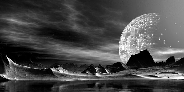 Tablou planeta futuristă în design alb-negru